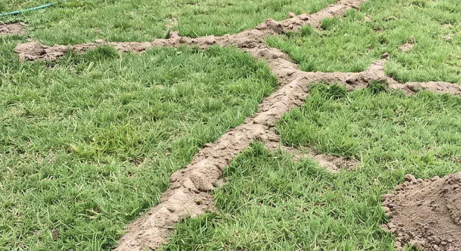 Two raised mole tunnel ridges crossing in an X pattern across a lawn