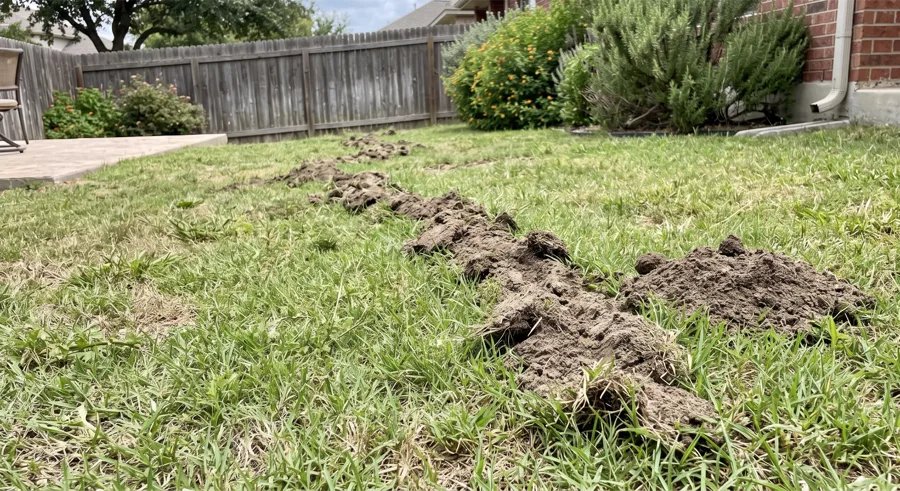 Mole tunnel ridge running along a foundation flower bed with rosemary, ending in a fresh mound near a downspout