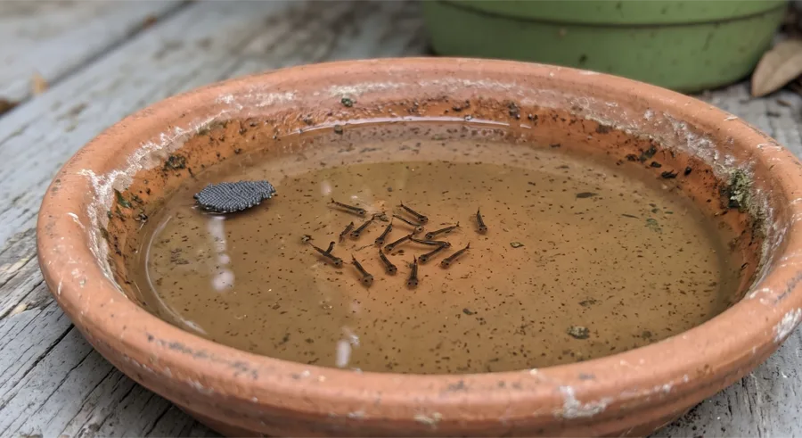 Dozens of mosquito larvae and a dark egg raft in a shallow terracotta saucer of stagnant water on a deck