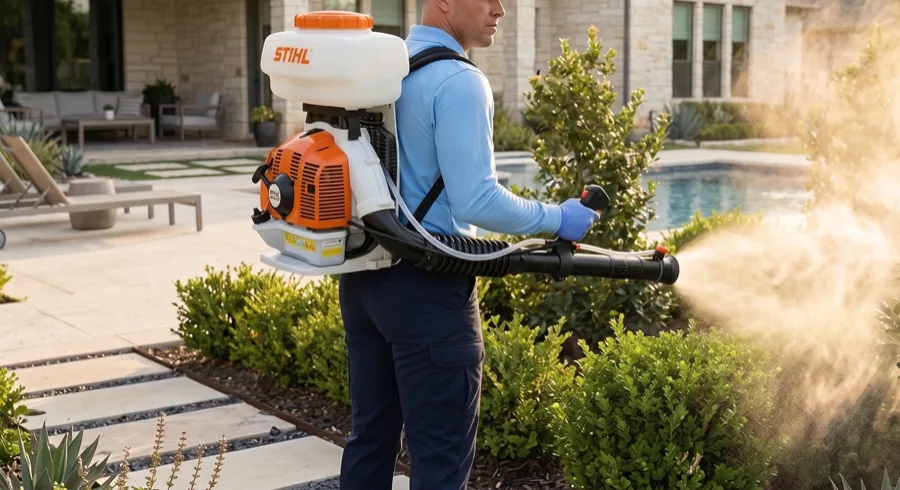 Bastion Pest Control technician using a backpack mist blower to treat dense shrubs where adult mosquitoes rest
