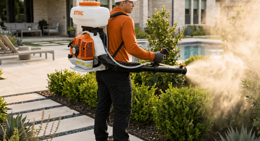 Bastion Pest Control technician using a backpack mist blower to treat dense shrubs where adult mosquitoes rest