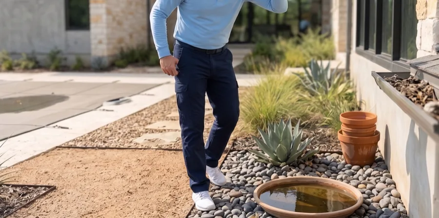 Bastion Pest Control technician at a terracotta plant saucer holding standing water, about to empty it
