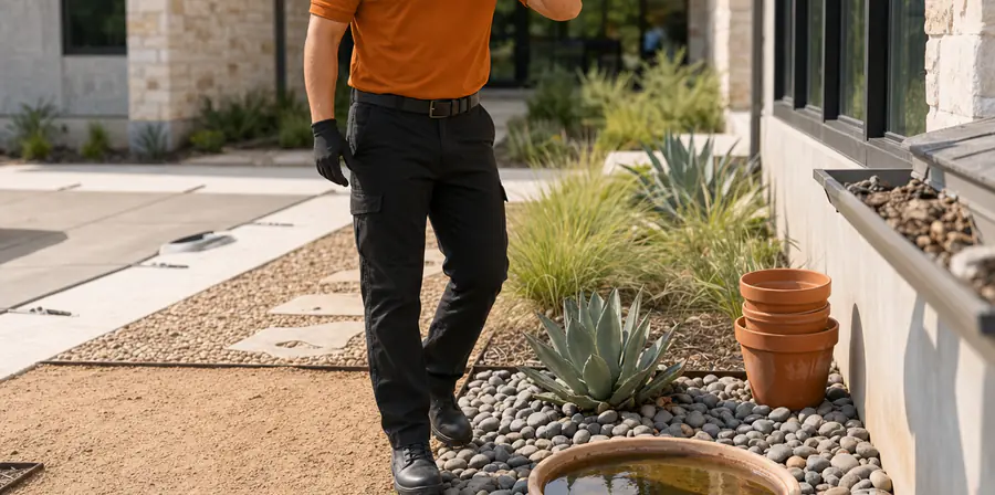 Bastion Pest Control technician at a terracotta plant saucer holding standing water, about to empty it