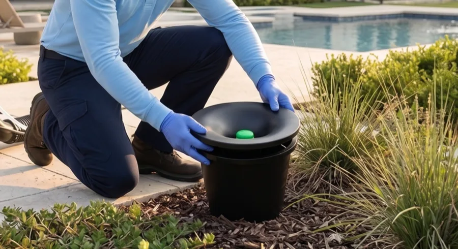 Bastion Pest Control technician fitting the lid on an in-ground mosquito station containing a larvicide tablet