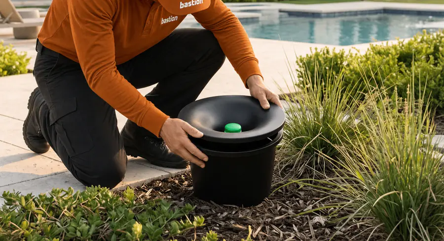 Bastion Pest Control technician fitting the lid on an in-ground mosquito station containing a larvicide tablet