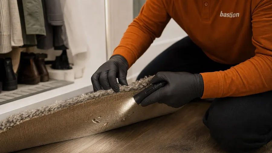Bastion Pest Control technician folding back the edge of a wool rug and shining a flashlight underneath to check for moth larvae