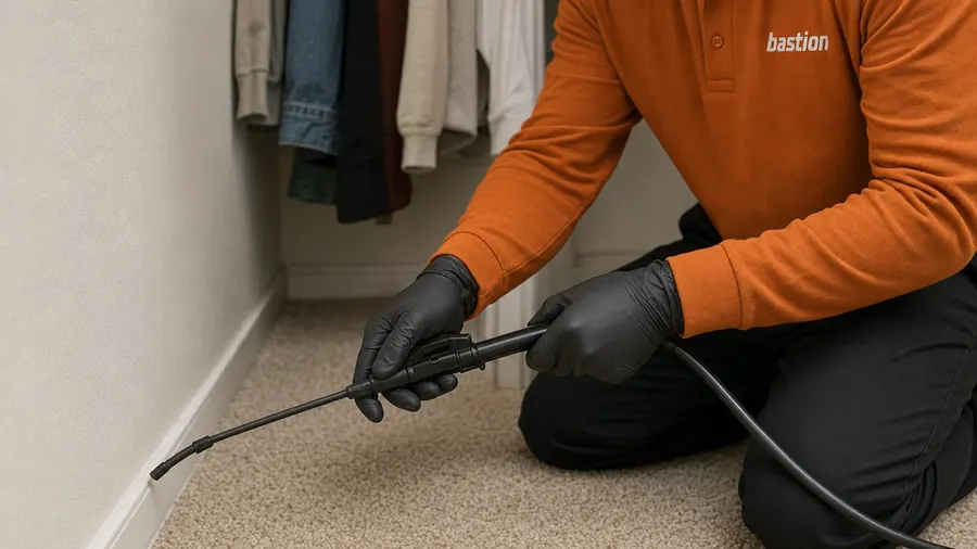 Bastion Pest Control technician spraying a light treatment along the edge of a closet carpet at the baseboard