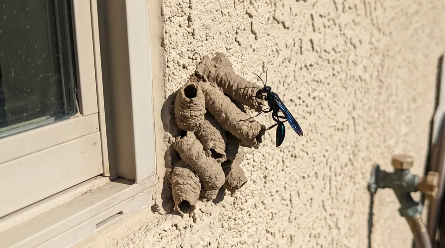 Metallic blue-black mud dauber on a cluster of mud tube cells built on stucco beside a window frame