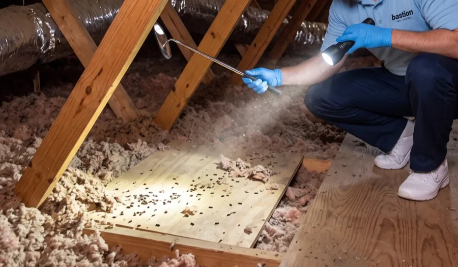 Bastion Pest Control technician using a flashlight and inspection mirror to examine rodent droppings on attic decking
