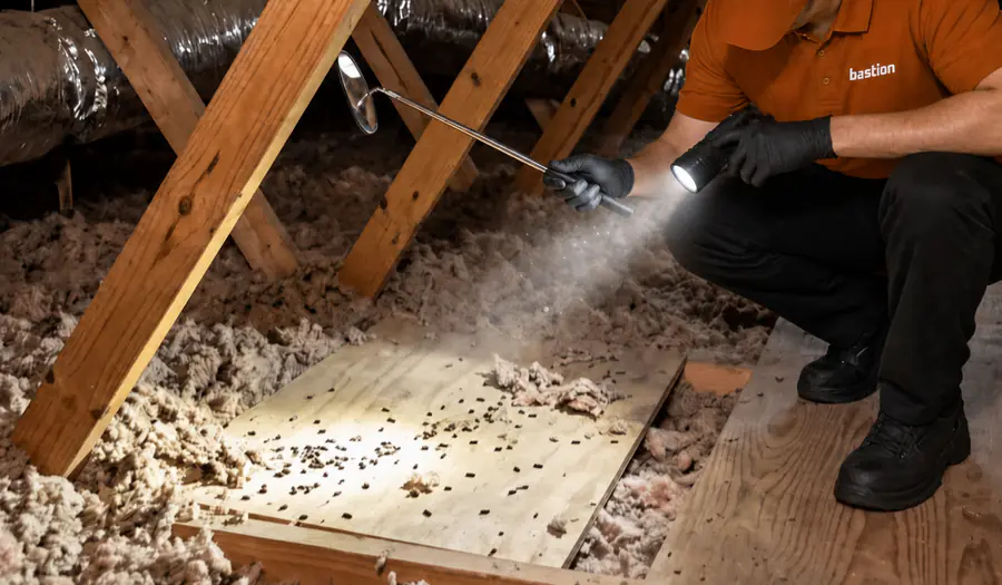 Bastion Pest Control technician using a flashlight and inspection mirror to examine rodent droppings on attic decking