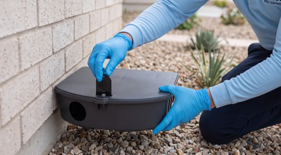 Bastion Pest Control technician placing a locked tamper-resistant rodent bait station against an exterior wall