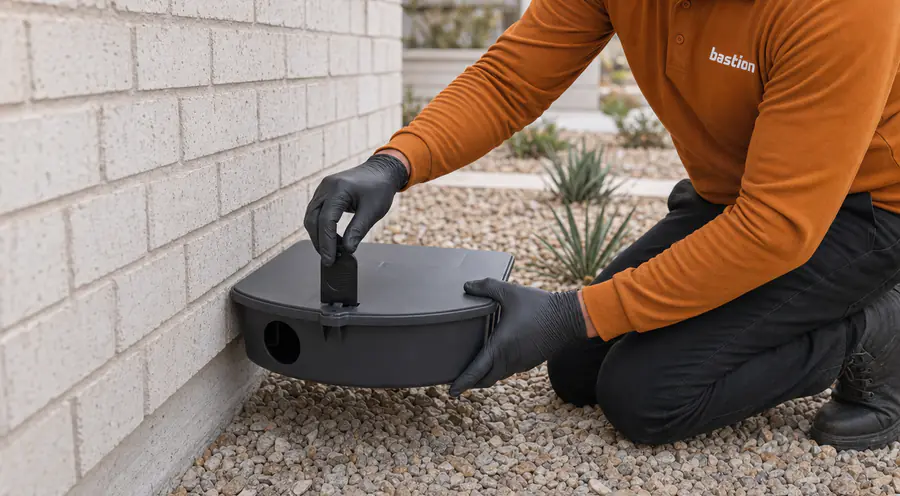 Bastion Pest Control technician placing a locked tamper-resistant rodent bait station against an exterior wall