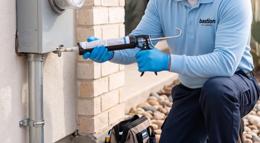 Bastion Pest Control technician sealing a gap around an exterior electrical meter box with a caulking gun