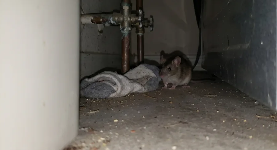 Small brown rodent under a water heater beside copper pipes and a rag, with droppings visible on the concrete floor