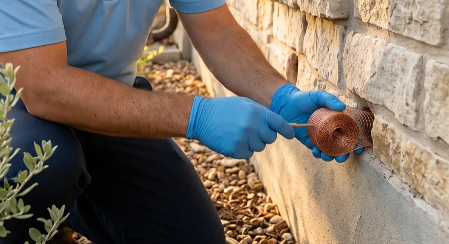 Bastion Pest Control technician packing copper mesh into a weep hole in a limestone wall to block scorpion entry