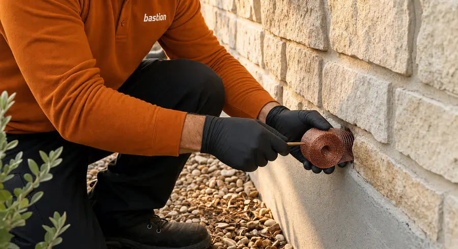 Bastion Pest Control technician packing copper mesh into a weep hole in a limestone wall to block scorpion entry