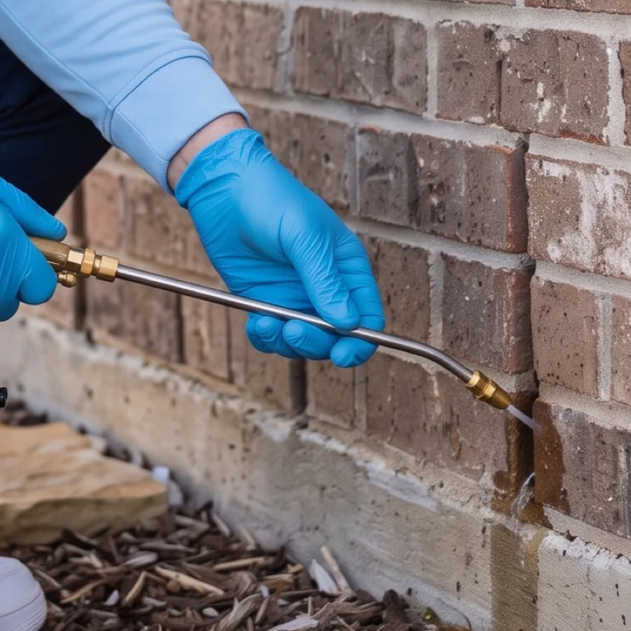 Bastion Pest Control technician using a spray wand along the mortar seam where brick meets the concrete foundation