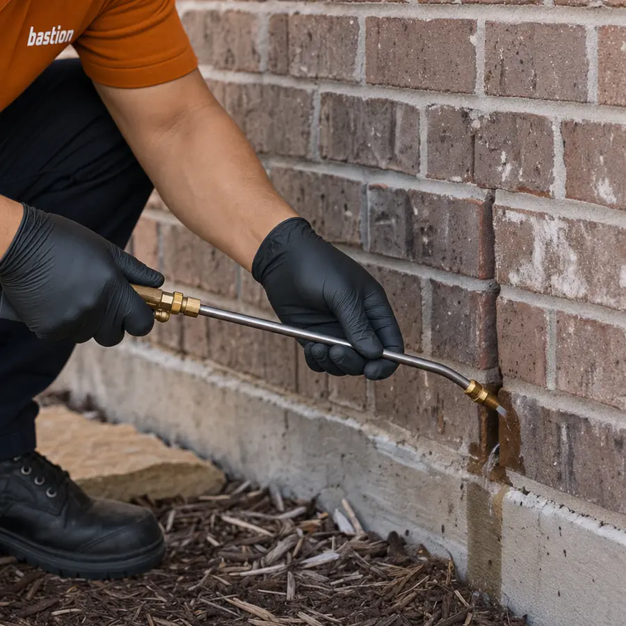 Bastion Pest Control technician using a spray wand along the mortar seam where brick meets the concrete foundation