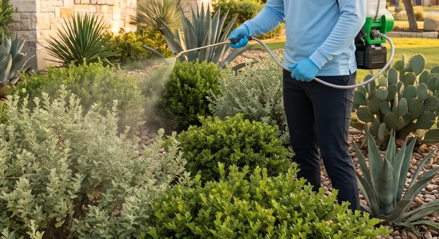 Bastion Pest Control technician with a backpack sprayer treating shrubs and landscape beds to reduce the insects scorpions feed on