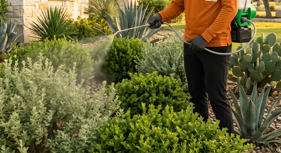 Bastion Pest Control technician with a backpack sprayer treating shrubs and landscape beds to reduce the insects scorpions feed on
