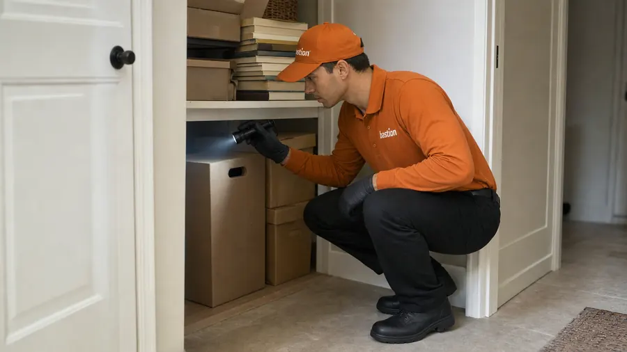 Bastion Pest Control technician shining a flashlight behind stored boxes on a closet shelf, checking for silverfish