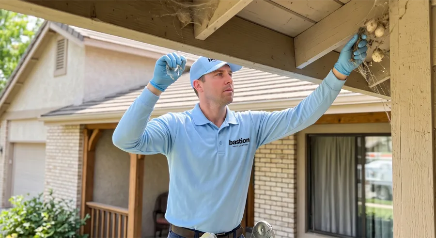 Bastion Pest Control technician inspecting and clearing spider webs from a porch beam and eave by hand