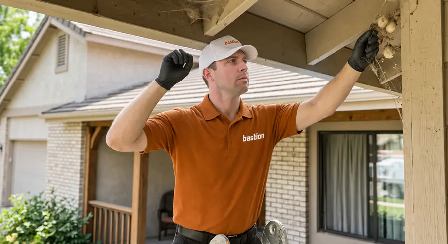 Bastion Pest Control technician in a burnt orange uniform pulling spider webs and egg sacs off a porch beam and eave by hand