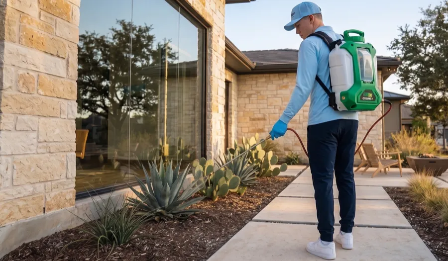 Bastion Pest Control technician using a backpack sprayer along a foundation and landscape bed to suppress the insects spiders feed on