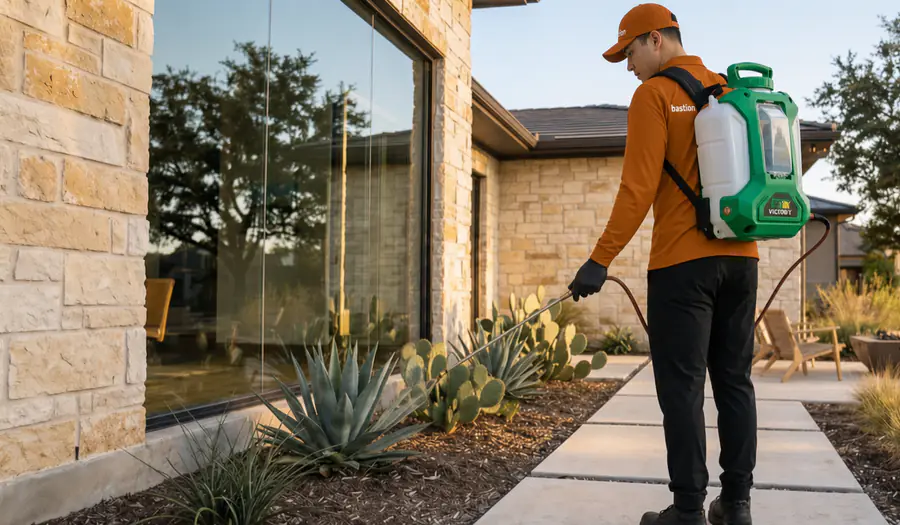Bastion Pest Control technician using a backpack sprayer to treat a landscape bed and foundation line beside an Austin-area limestone home, reducing the insects spiders feed on