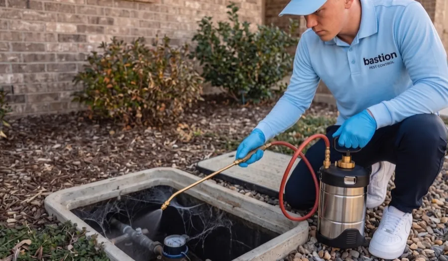 Bastion Pest Control technician spraying inside an open water meter box to treat spider harborage