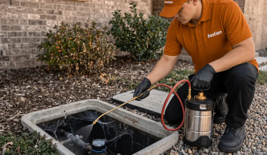 Bastion Pest Control technician spraying inside an open water meter box to treat spider harborage