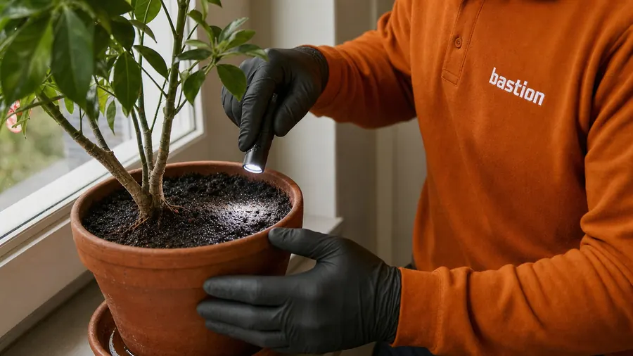 Bastion Pest Control technician shining a flashlight over the damp soil of a potted houseplant, checking for springtails