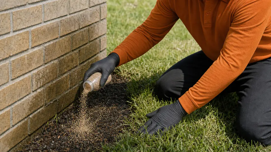 Bastion Pest Control technician shaking granular treatment into the damp mulch along a brick foundation
