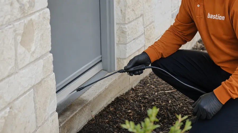 Bastion Pest Control technician spraying a treatment band along the base of the wall and the back door threshold beside a damp mulch bed