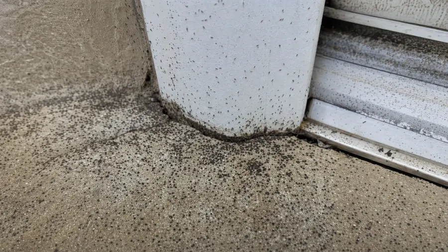 Thousands of tiny gray springtails like a dusting of black pepper on a damp concrete door threshold