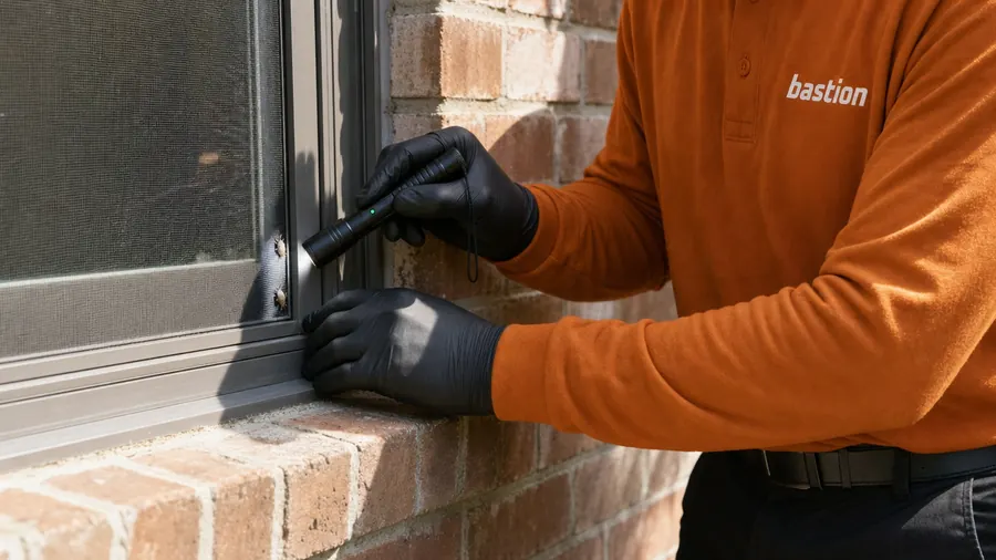 Bastion Pest Control technician shining a flashlight into the gap around a window frame where stink bugs sit on the screen