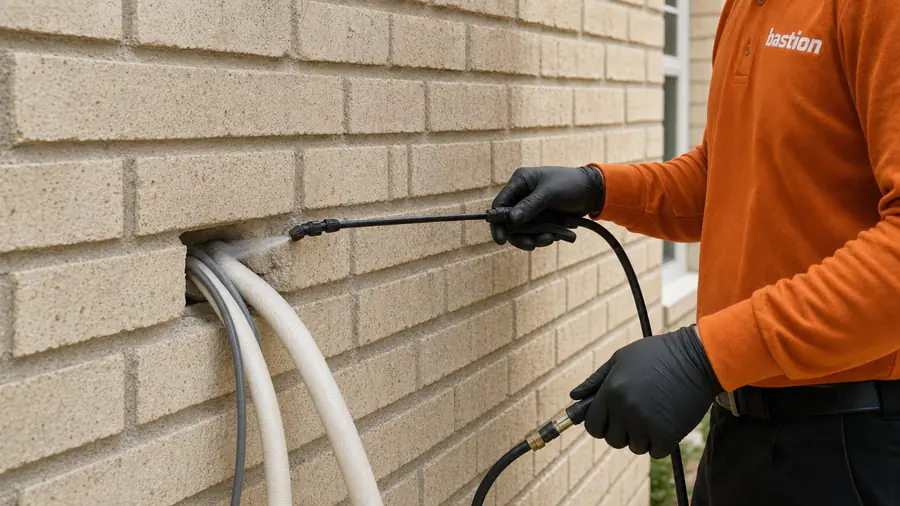 Bastion Pest Control technician spraying into the gap where air conditioner lines enter a brick wall