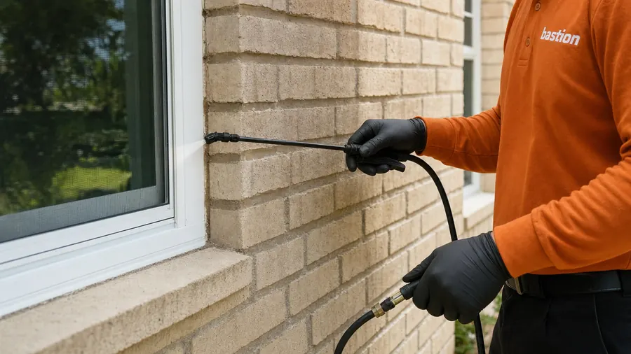 Bastion Pest Control technician spraying a treatment band along the edges of a window frame on a brick wall