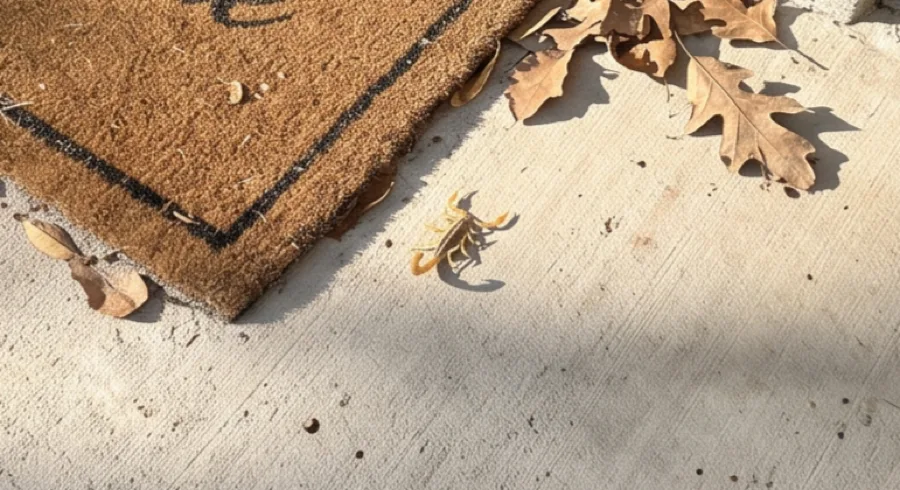 Striped bark scorpion on a sunlit concrete porch beside a coir doormat and dry oak leaves