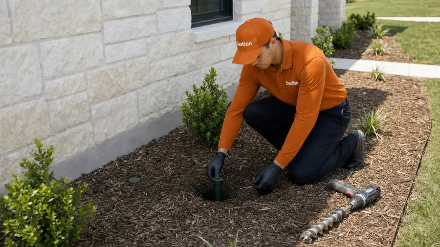 Bastion Pest Control technician installing an in-ground termite bait station beside a brick foundation