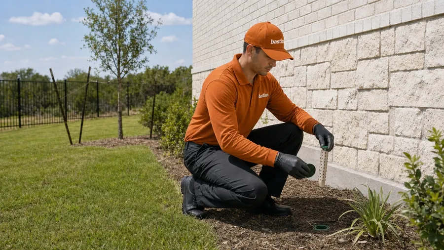 Bastion Pest Control technician checking the monitoring cartridge in a termite bait station