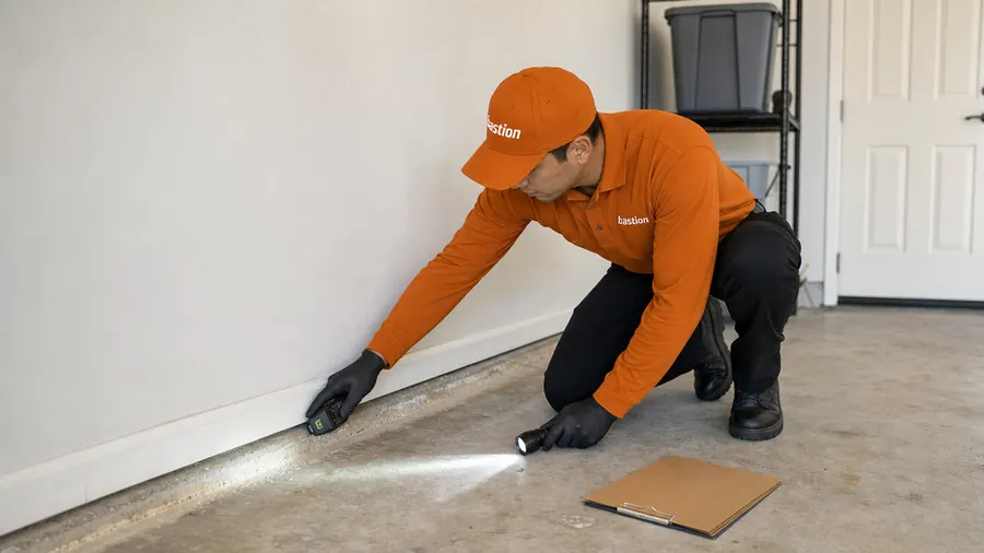 Bastion Pest Control technician inspecting a garage slab joint for termites with a flashlight and moisture meter