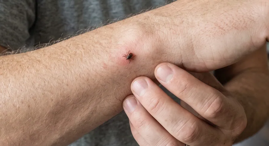 Small brown tick attached and feeding on a forearm, surrounded by a ring of reddened skin