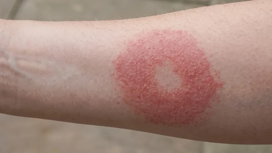 Expanding circular red rash with a paler center on a forearm, days after a tick bite