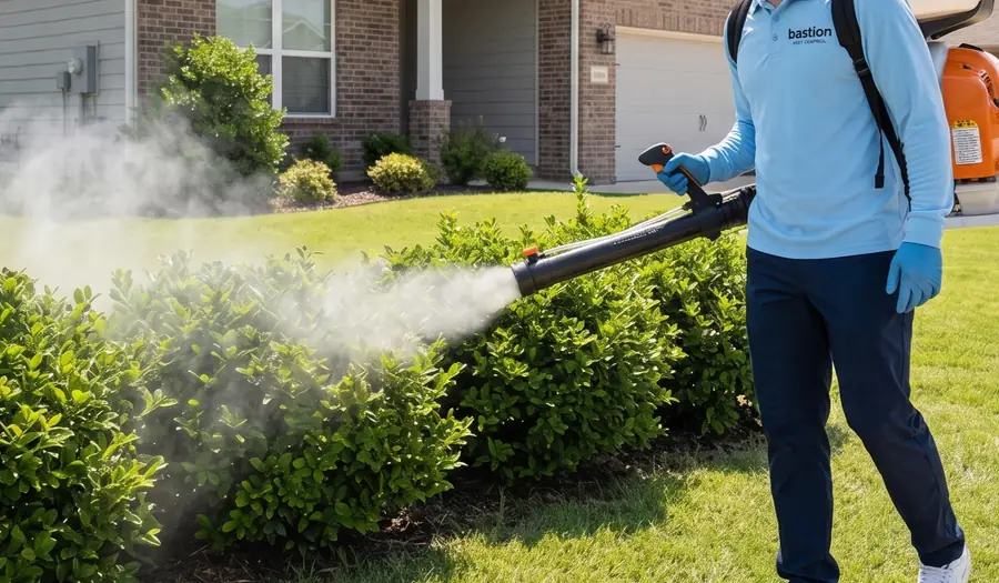 Bastion Pest Control technician treating shrub beds along a home with a backpack mist blower