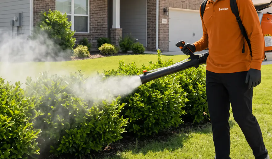 Bastion Pest Control technician treating shrub beds along a home with a backpack mist blower