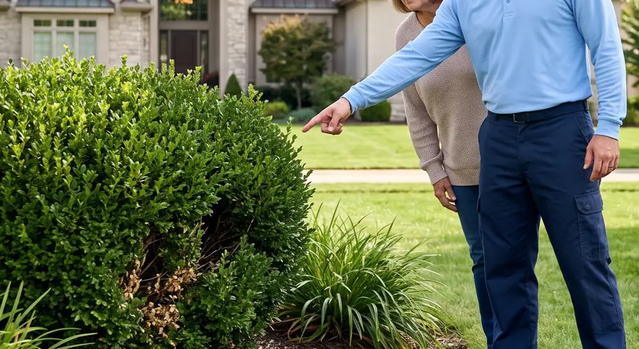 Bastion Pest Control technician showing a homeowner the shaded shrub base where ticks wait out the day
