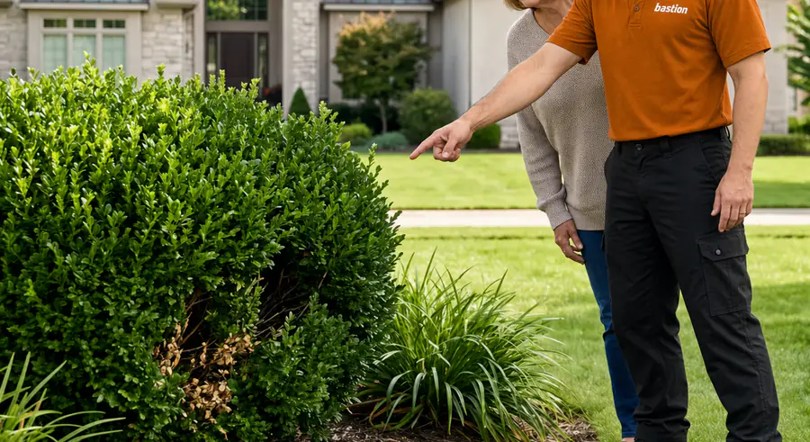 Bastion Pest Control technician showing a homeowner the shaded shrub base where ticks wait out the day