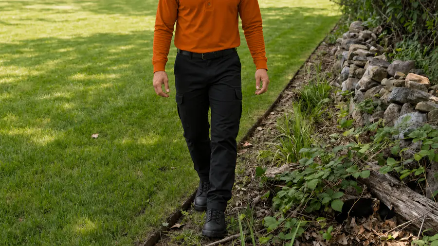 Bastion Pest Control technician walking the edge where mown lawn meets leaf litter and brush