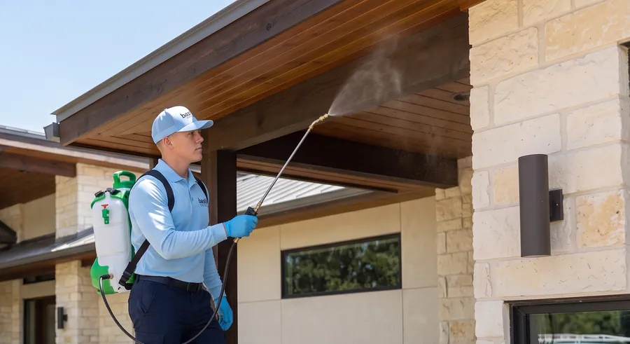 Bastion Pest Control technician treating eaves and soffits with a backpack sprayer so wasps cannot rebuild